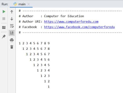 โค้ดแสดงตัวเลข 1 – 9 เป็นรูปสามเหลี่ยม แบบลดตัวเลขด้วยภาษาไพทอน (Python)