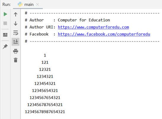 โค้ดแสดงตัวเลข 1-9 เป็นรูปสามเหลี่ยม ด้วยภาษาไพทอน (Python)